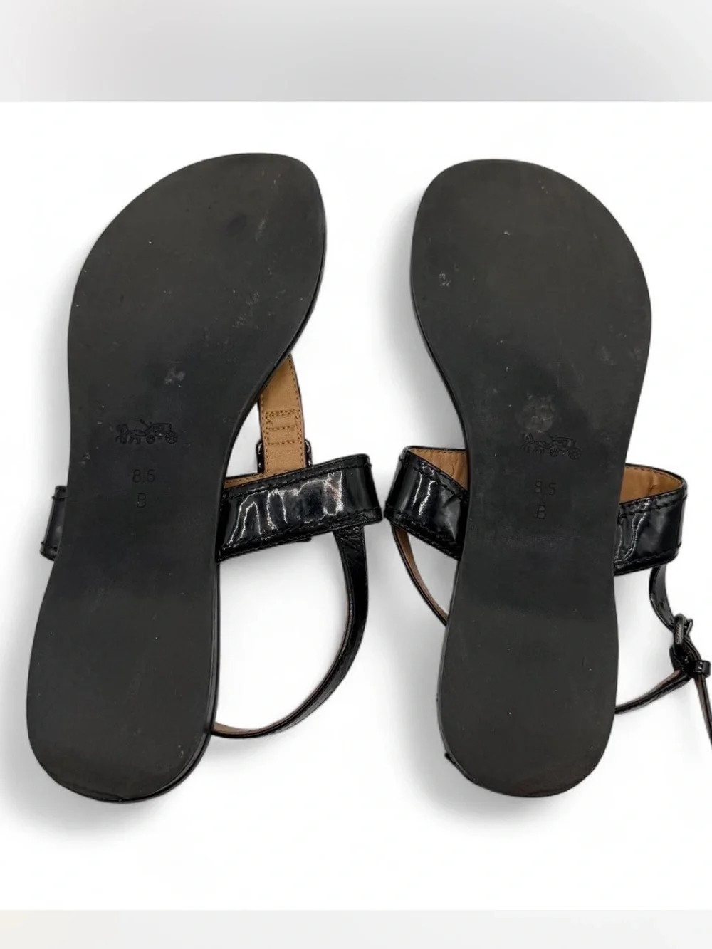 Coach Womens black Patent Leather T-Strap Sandals